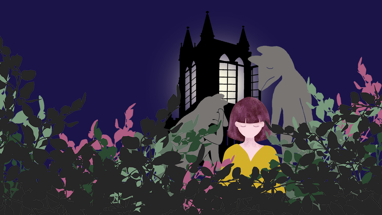 A sad girl in a garden